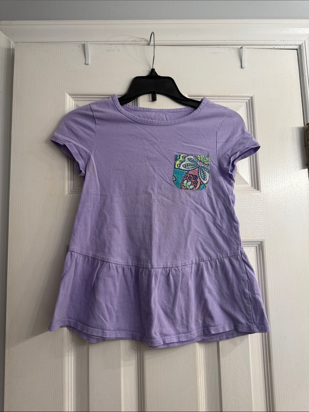 Faded Glory Lavender Short-Sleeve Peplum Top with Patterned Chest Pocket size 8